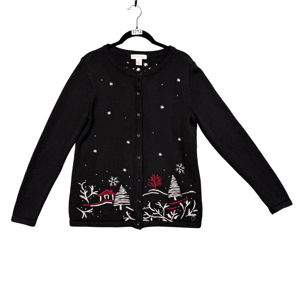 Christopher & Banks Cardigan Womens M Black Winter Embroidered Sweater Christmas